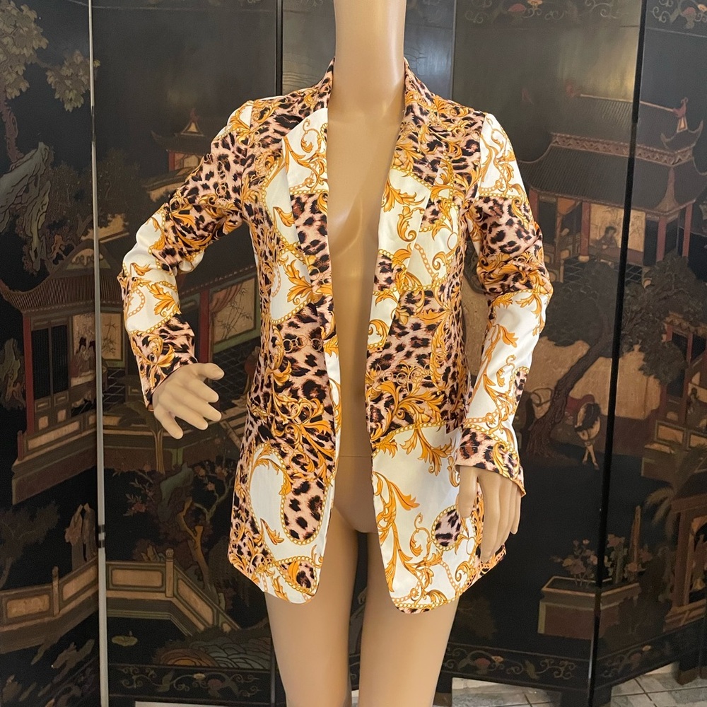 Blazer, leopard print and gold print, size Small